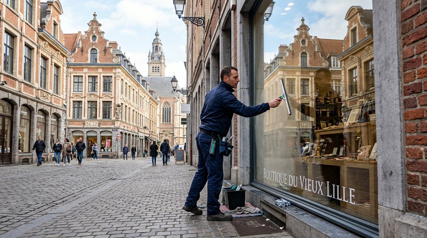 Nettoyage de vitrine de commerce dans le centre de Lille